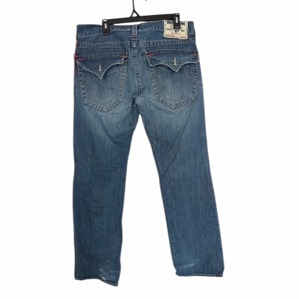 True Religion Jeans Mens 34 Blue Ricky Straight Leg Distressed Denim Inseam 33”